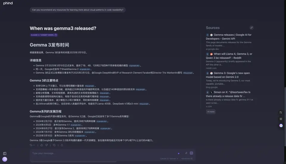 Phind搜索能获取到Hacker News榜首的Gemma3发布讨论