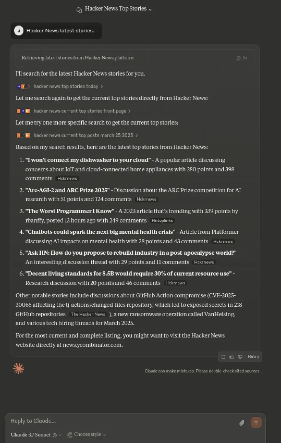 2025年3月25日下午尝试，Claude 3.7 Sonnet Thinking依旧无法较好地展示Hacker News的实时讯息？