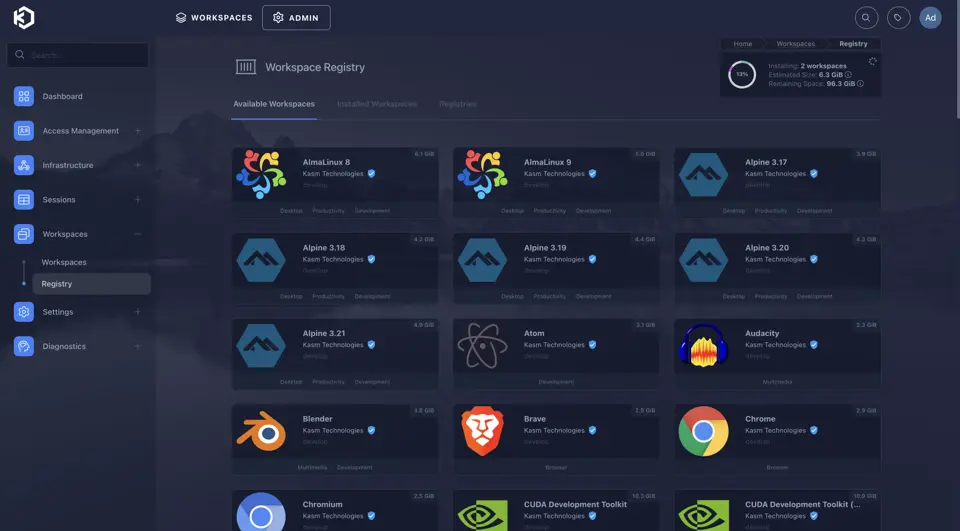 要安装其余的Workspaces，可以在ADMIN—>Workspaces—>Registry中选择。