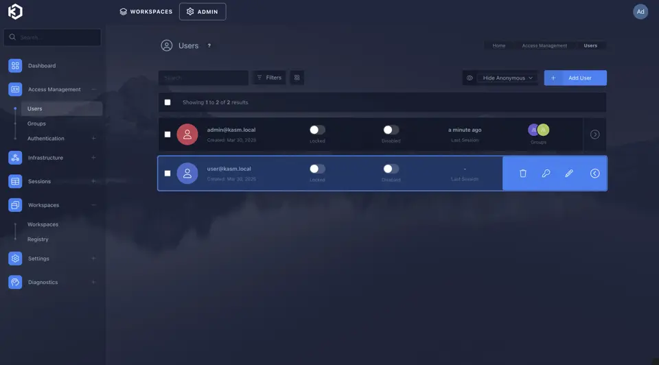 在Users选项中进行用户的增删