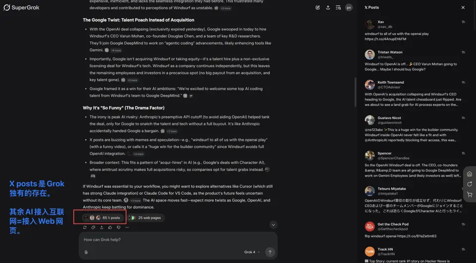 X posts是Grok独有的存在，其余AI接入互联网=接入Web网页。