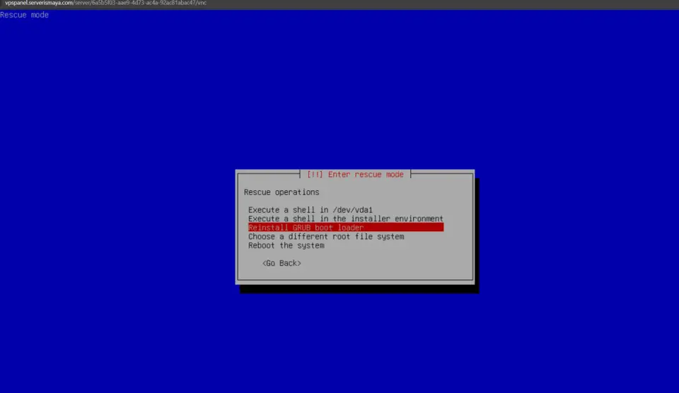 Select Execute a shell in /dev/vda1 option