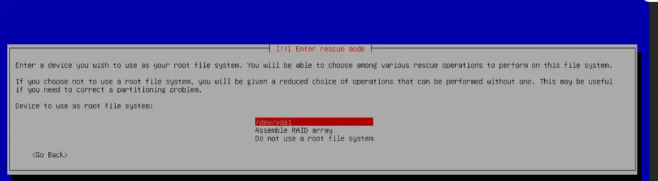 Select /dev/vda1 as filesystem