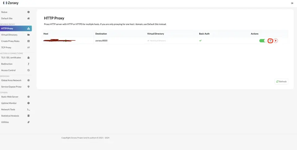 如果basic auth不生效的话,可以来到HTTP Proxy选项页,编辑刚才创建的反向代理记录。