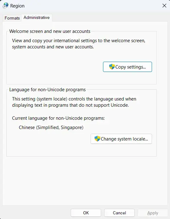 更改Windows上的"Language for non-Unicode programs"(非Unicode程序的语言)设置